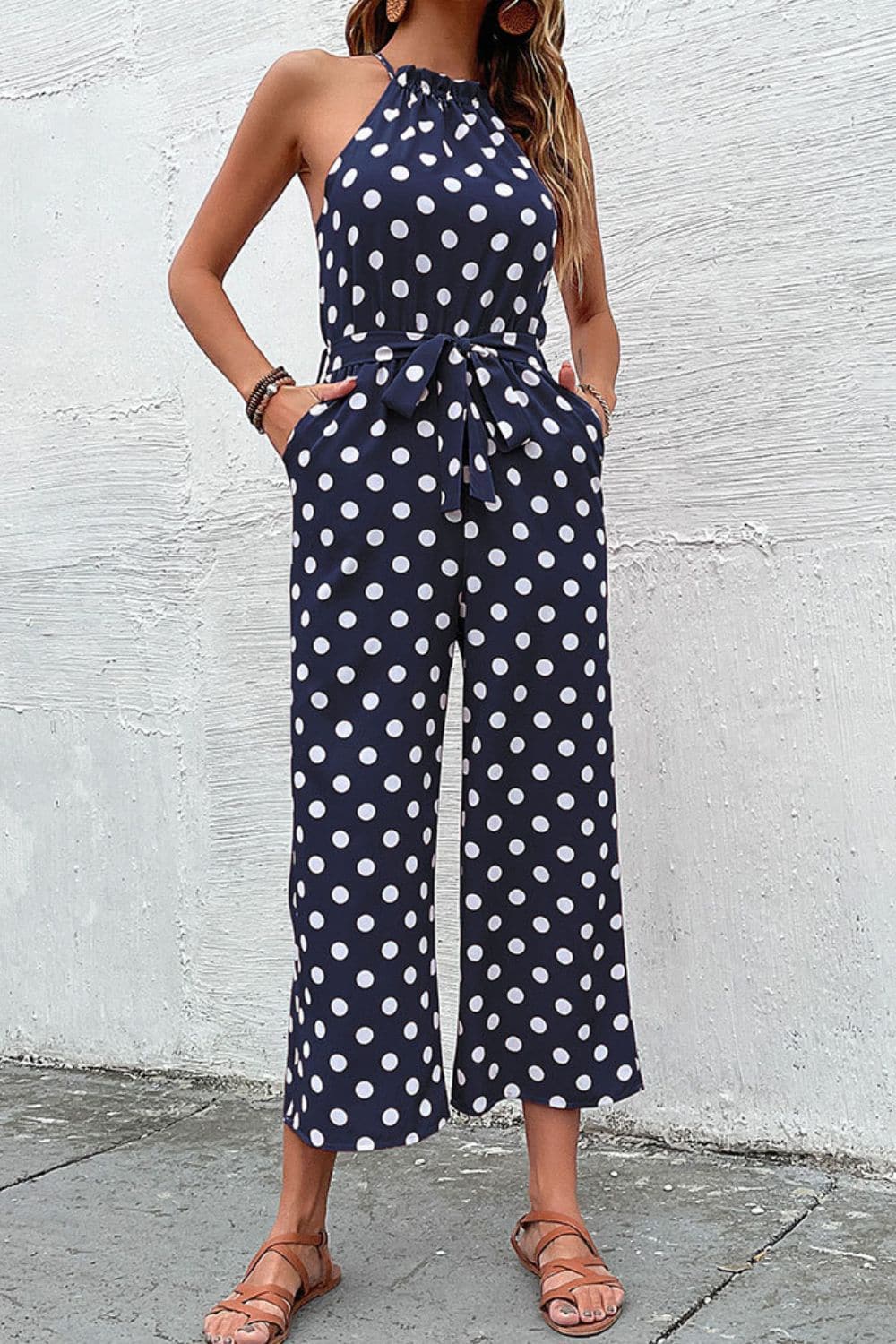 Polka Dot Grecian Wide Leg Jumpsuit - Love culture store