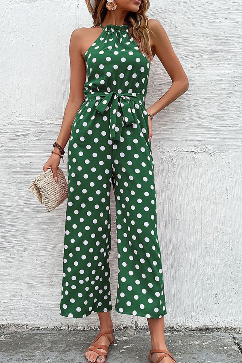 Polka Dot Grecian Wide Leg Jumpsuit - Love culture store