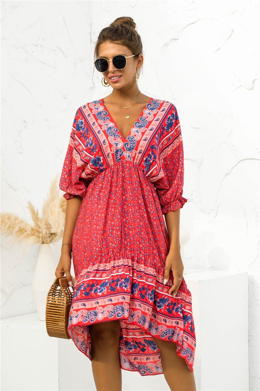 Printed Bohemian V Neck Dress - Love culture store