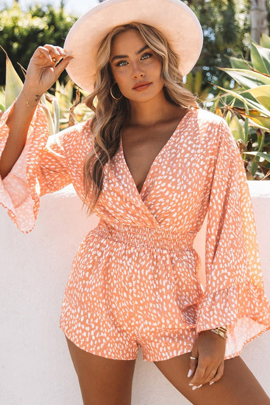 Printed Flare Sleeve Surplice Romper - Love culture store