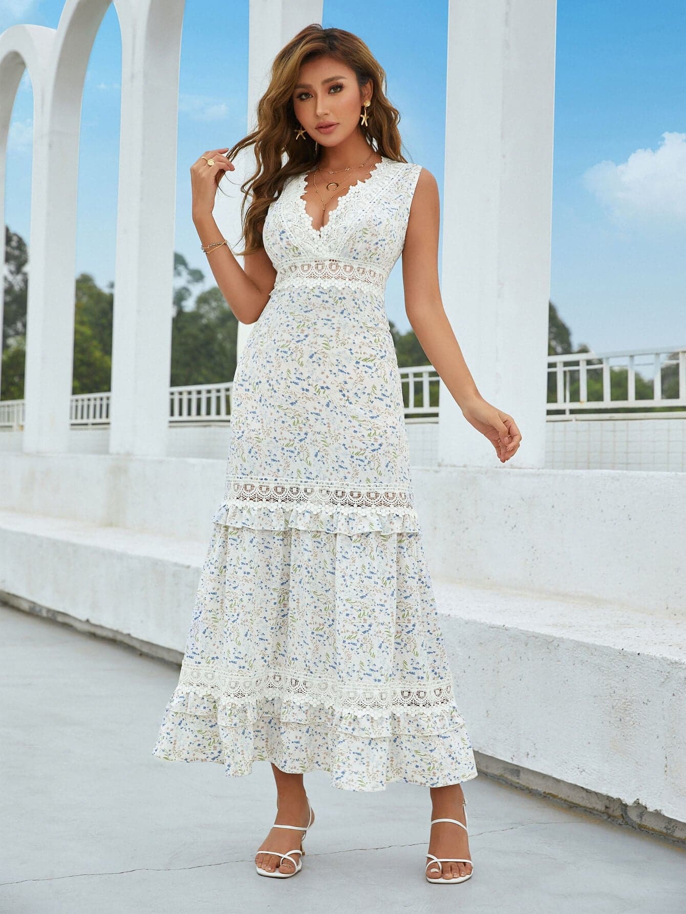 Printed Lace Detail Tiered Maxi Dress - Love culture store