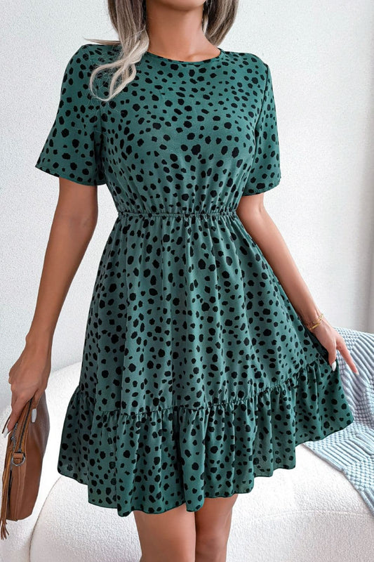 Printed Round Neck Short Sleeve Ruffled Dress - Love culture store