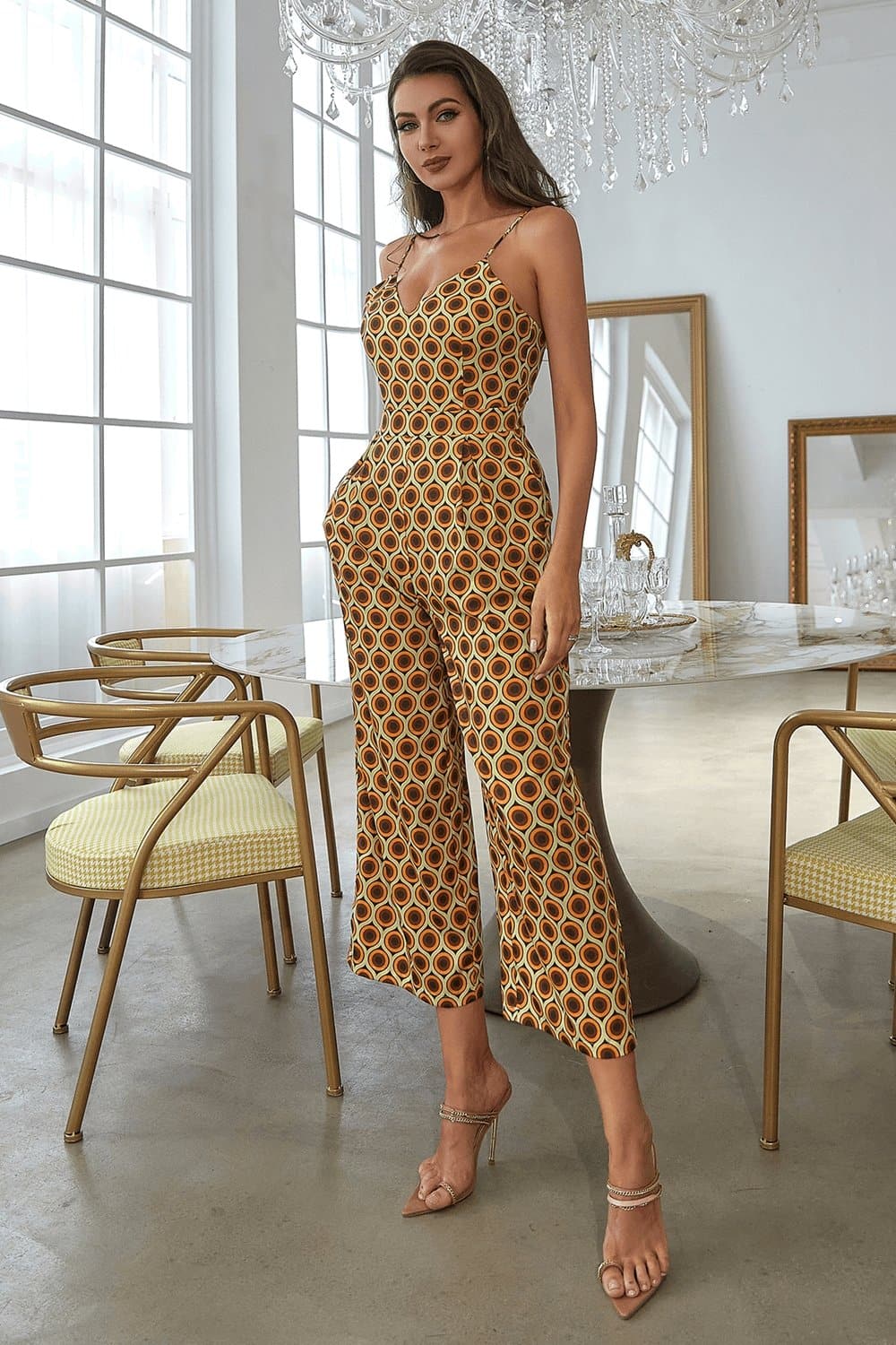 Printed Spaghetti Strap Cropped Jumpsuit - Love culture store