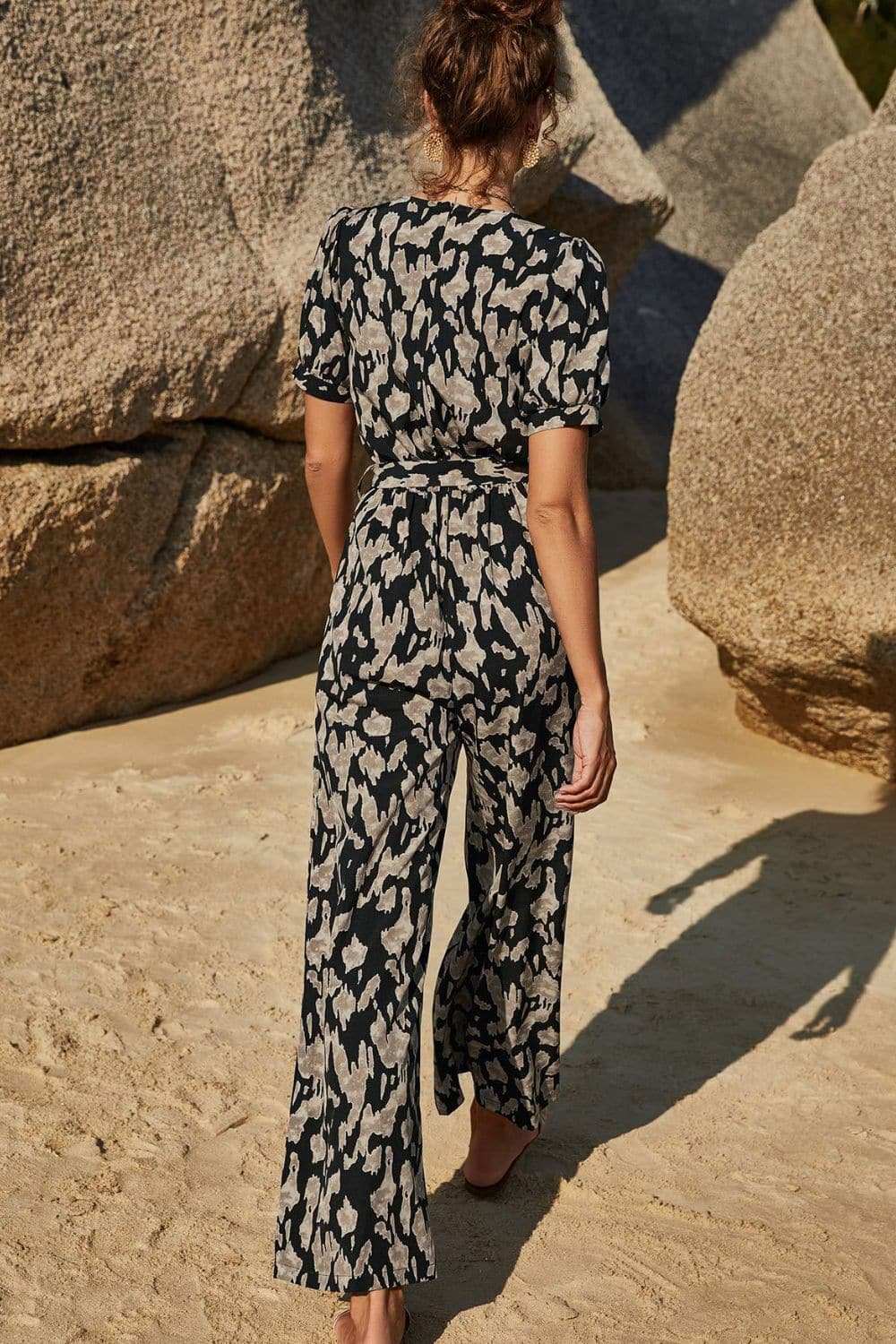 Printed Tie-Waist Surplice Jumpsuit - Love culture store