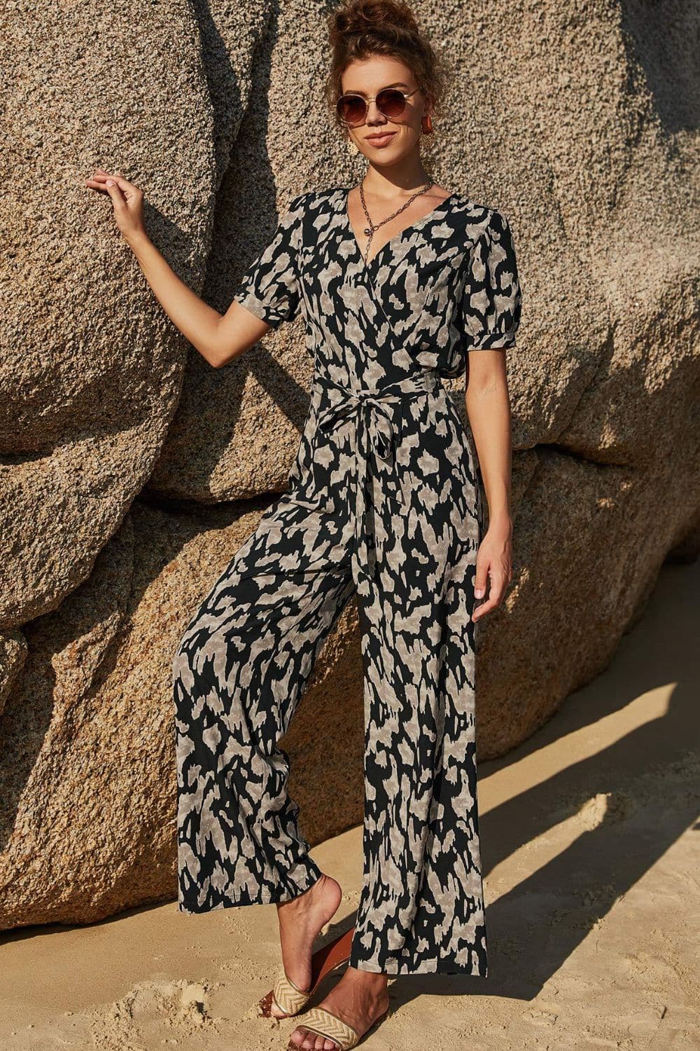 Printed Tie-Waist Surplice Jumpsuit - Love culture store