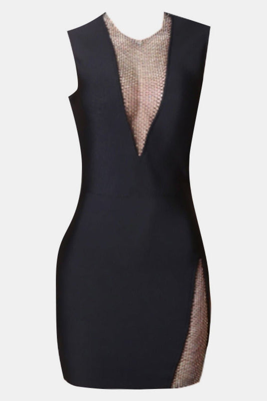 Rhinestone Detail Spliced Mesh Sleeveless Dress - Love culture store