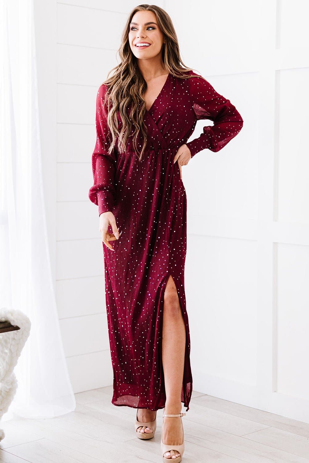 Rhinestone Surplice Split Maxi Dress - Love culture store