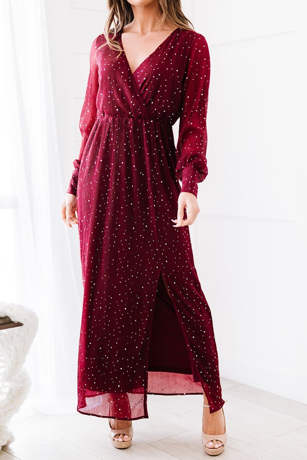 Rhinestone Surplice Split Maxi Dress - Love culture store