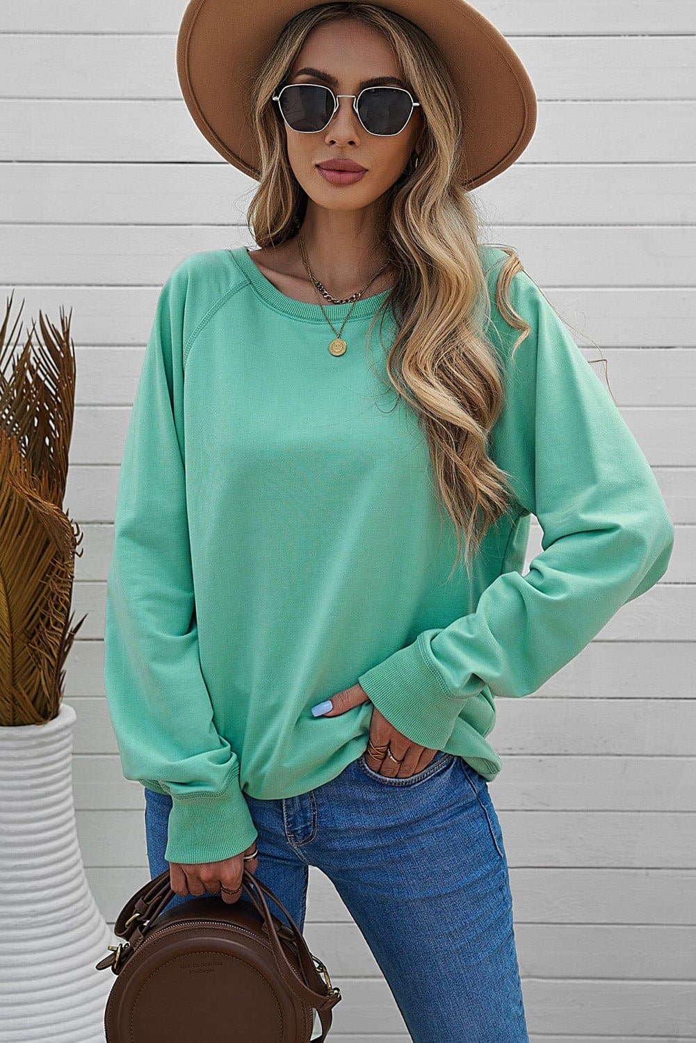 Round Neck Raglan Sleeve Exposed Seam Sweatshirt - Love culture store