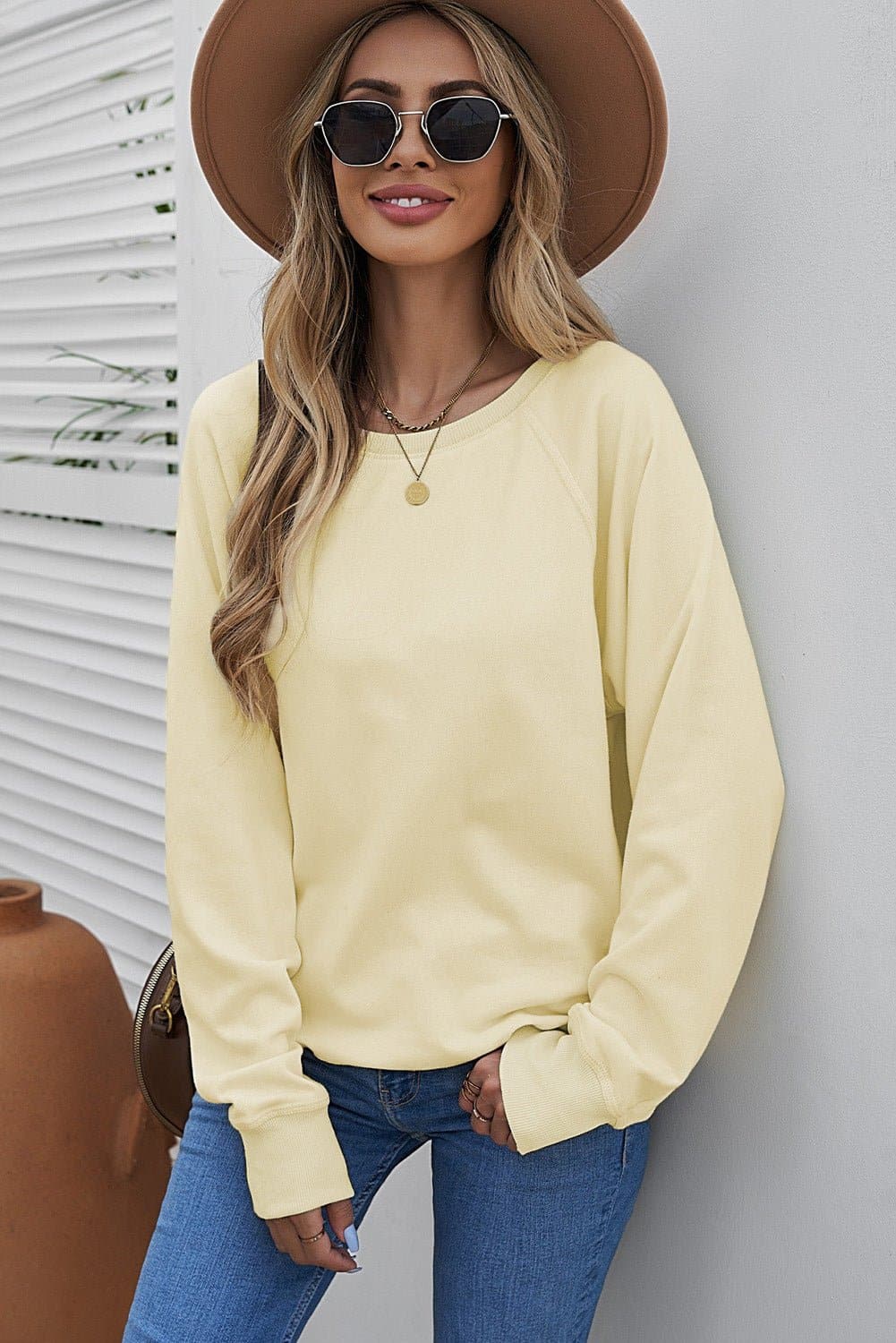 Round Neck Raglan Sleeve Exposed Seam Sweatshirt - Love culture store