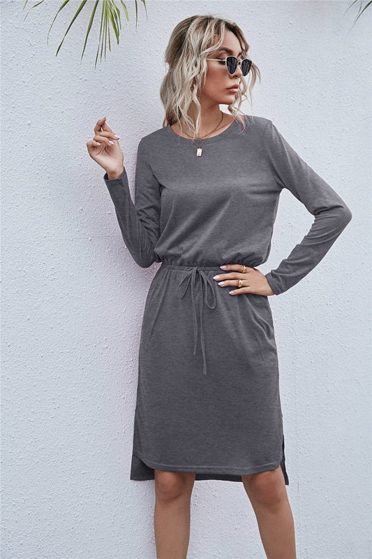 Round Neck Side Slit Dress - Love culture store