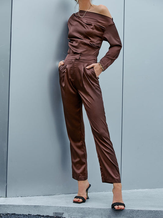 Ruched Asymmetrical Neck Top and Pants Set - Love culture store