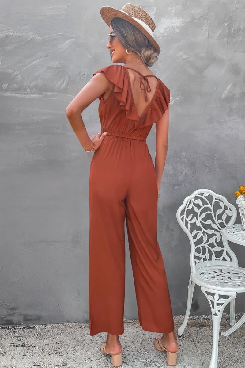 Ruffle Trim Tie-Back Wide Leg Jumpsuit - Love Culture