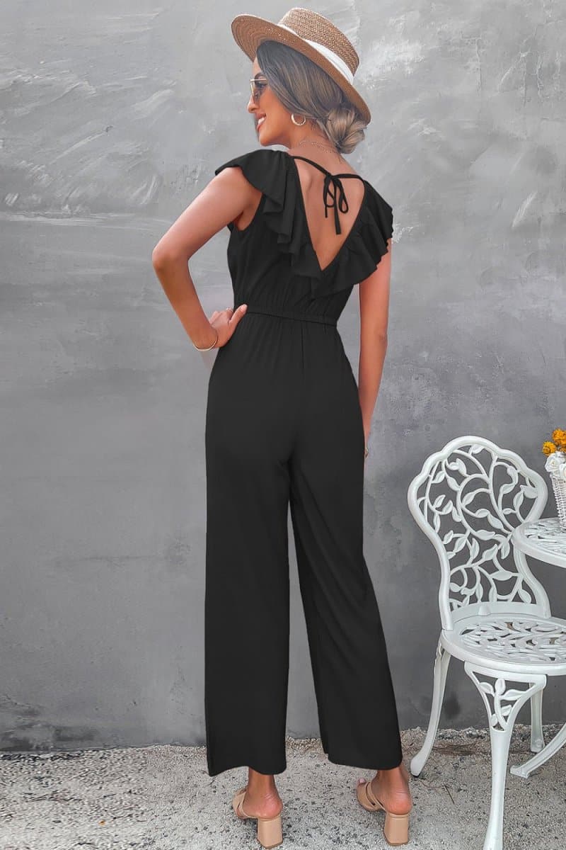 Ruffle Trim Tie-Back Wide Leg Jumpsuit - Love Culture