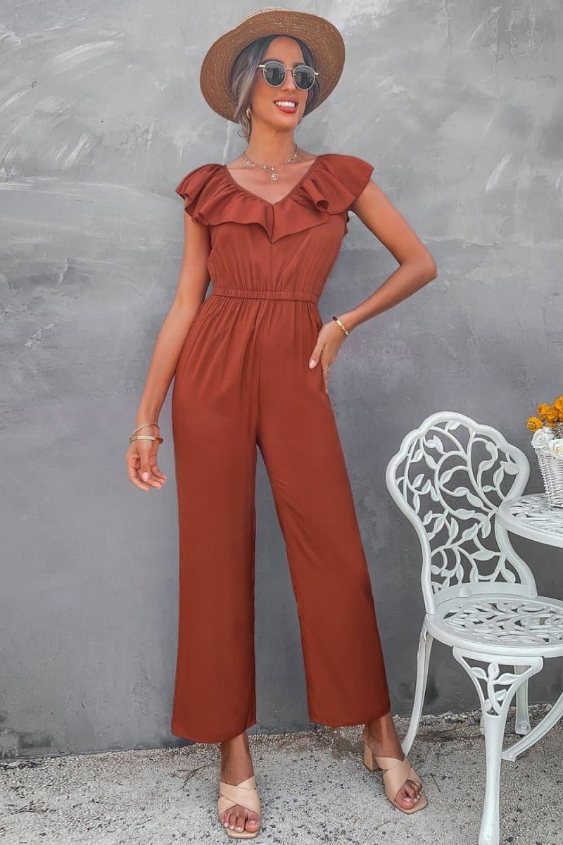 Ruffle Trim Tie-Back Wide Leg Jumpsuit - Love Culture