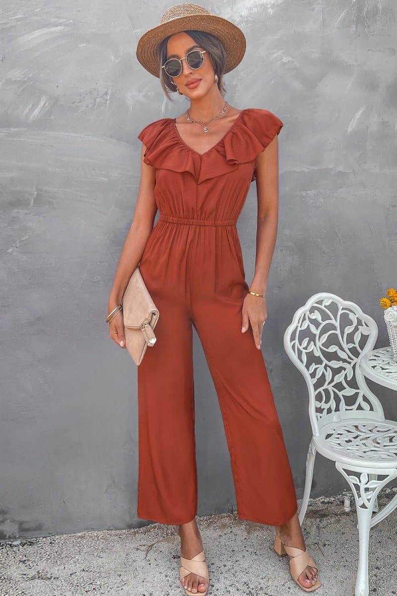 Ruffle Trim Tie-Back Wide Leg Jumpsuit - Love Culture