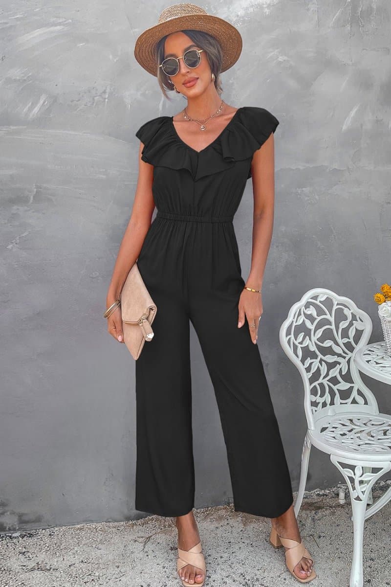 Ruffle Trim Tie-Back Wide Leg Jumpsuit - Love Culture