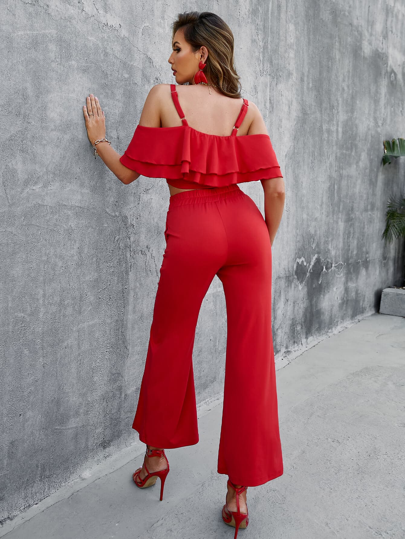 Ruffled Cropped Cami and Slit Pants Set - Love culture store