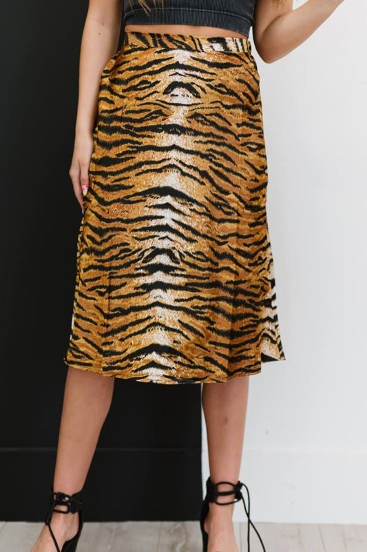 SHOPIRISBASIC Eye of the Tiger Satin Midi Skirt - Love Culture