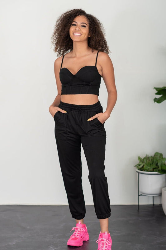 SHOPIRISBASIC Let's Do This Bustier and Joggers Lounge Set in Black - Love culture store