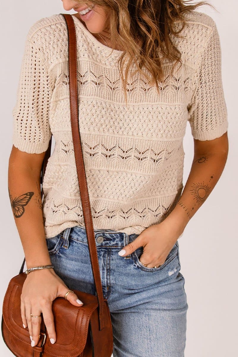 Short Sleeve Openwork Knit Sweater - Love Culture