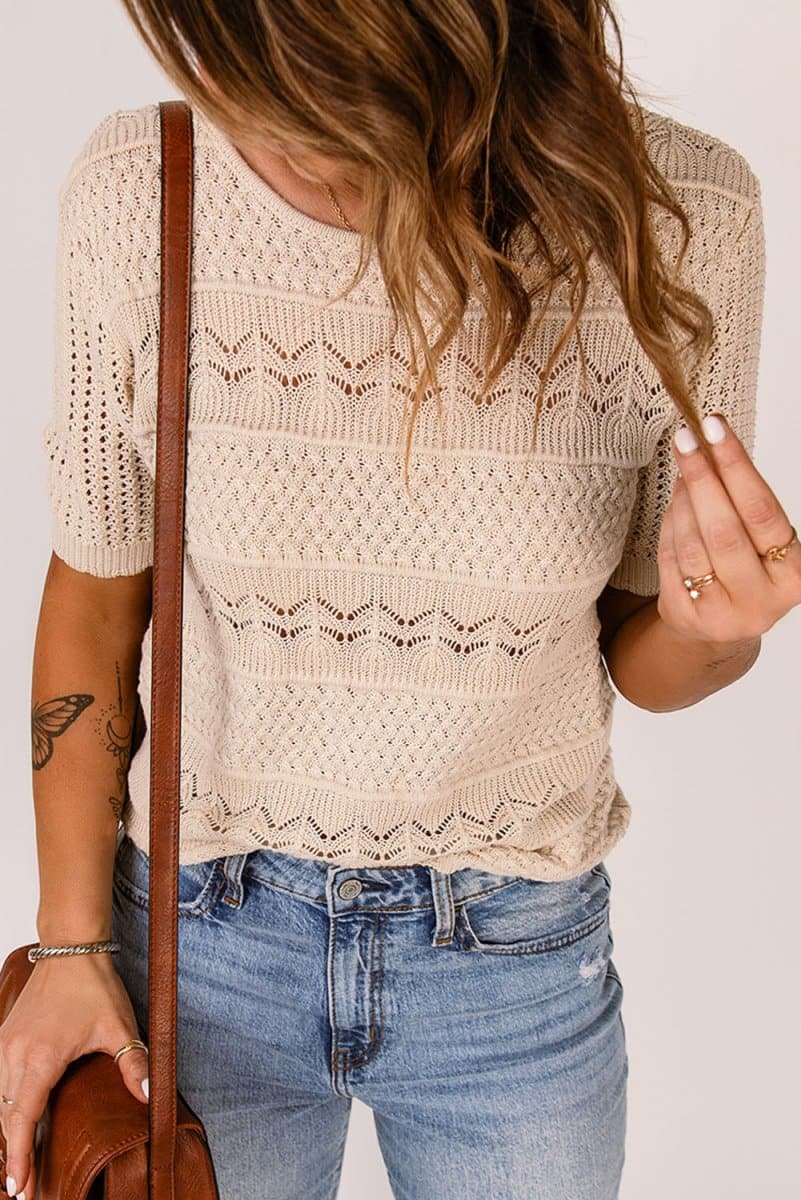 Short Sleeve Openwork Knit Sweater - Love Culture