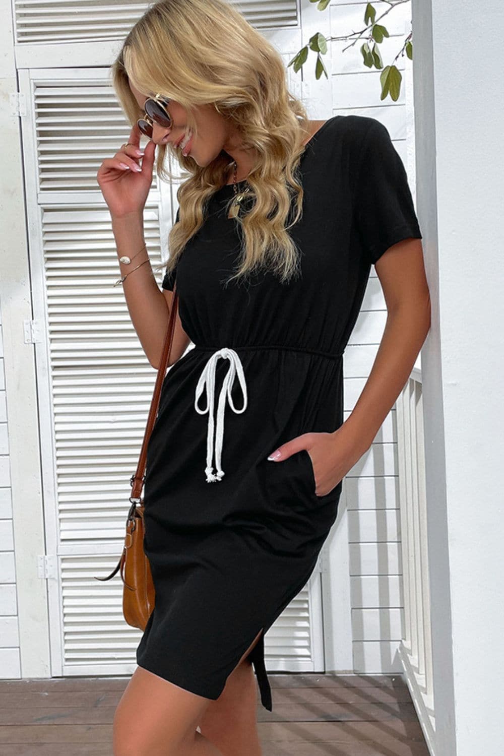 Side Slit Drawstring Round Neck Dress - Love culture store