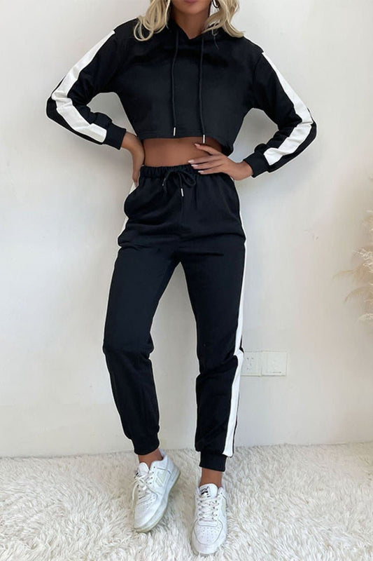 Side Stripe Cropped Hoodie and Jogger Set - Love culture store
