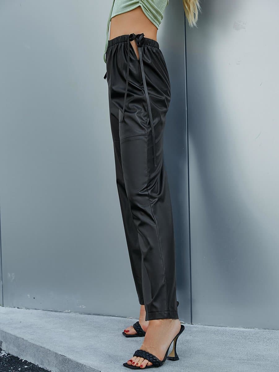 Side Tie Cutout PU Leather Flare Pants - Love Culture