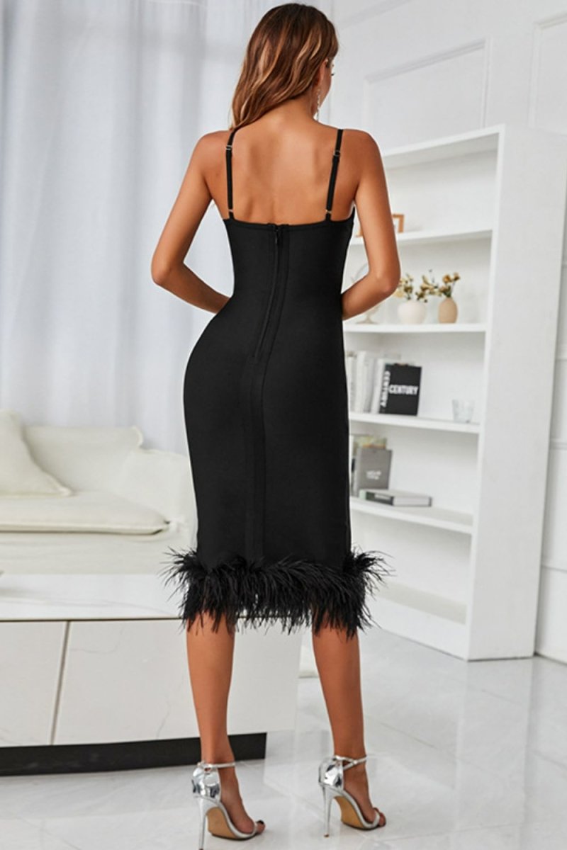 Spaghetti Strap Feather Trim Bodycon Dress - Love Culture