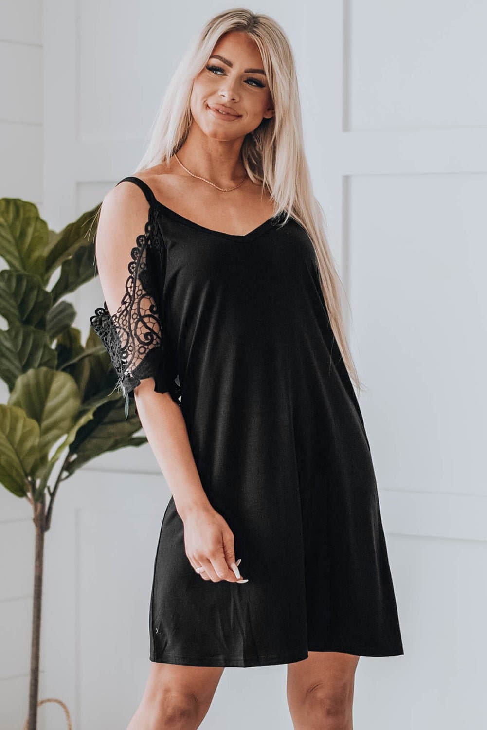 Spliced Lace Cold-Shoulder Mini Dress - Love culture store