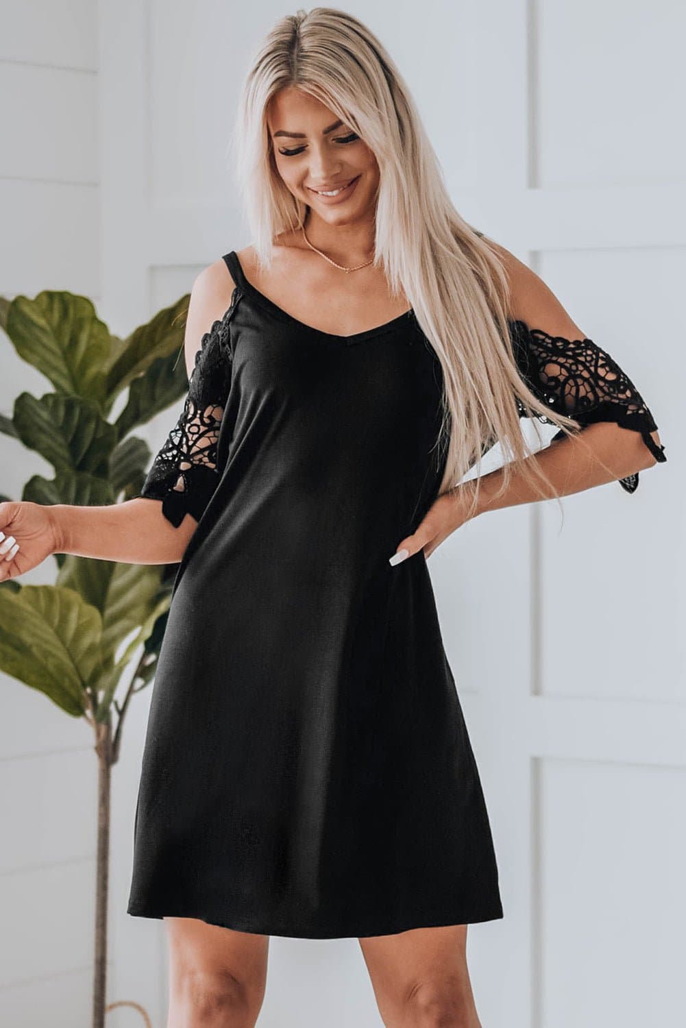 Spliced Lace Cold-Shoulder Mini Dress - Love culture store