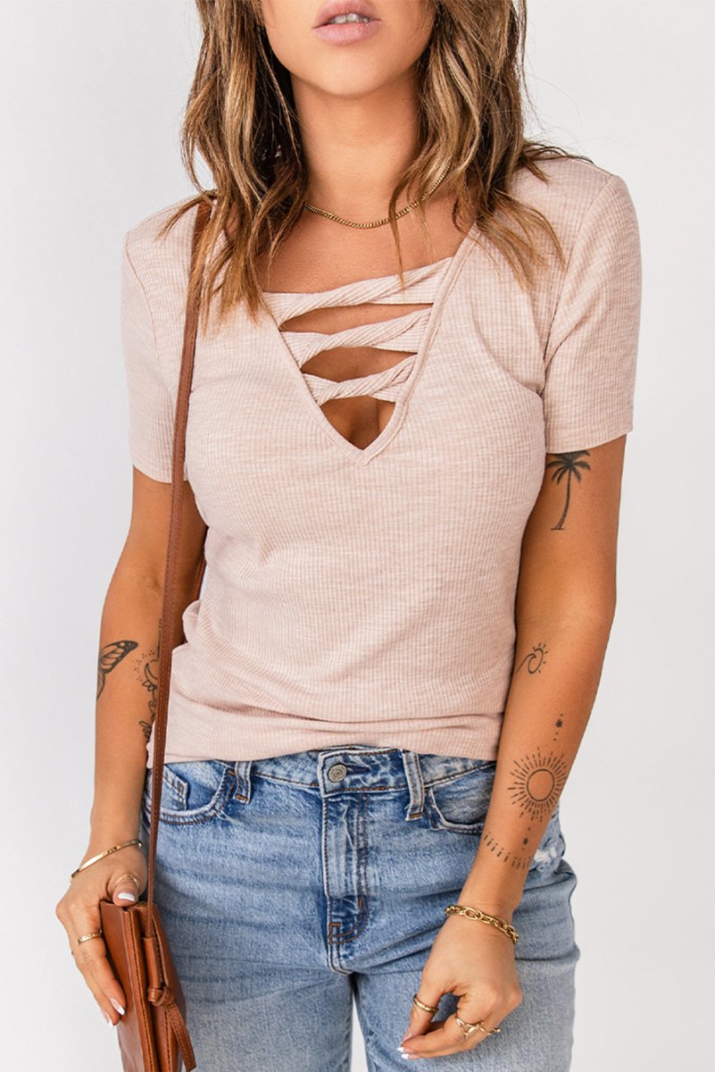 Strappy Ribbed Knit T-Shirt - Love Culture