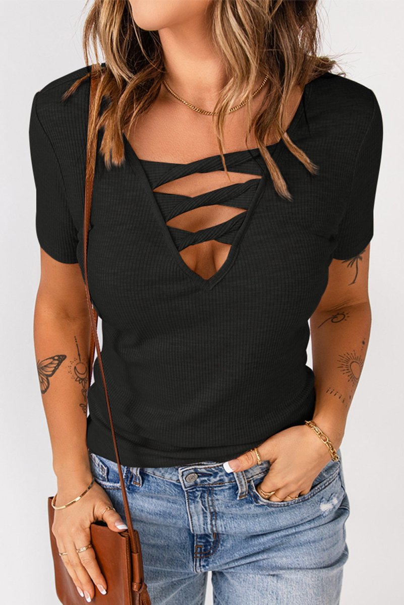 Strappy Ribbed Knit T-Shirt - Love Culture