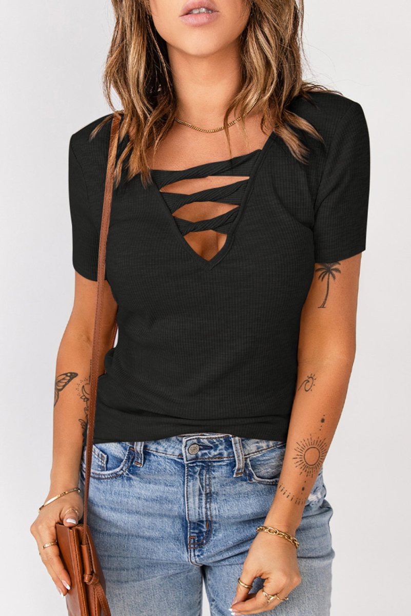 Strappy Ribbed Knit T-Shirt - Love Culture