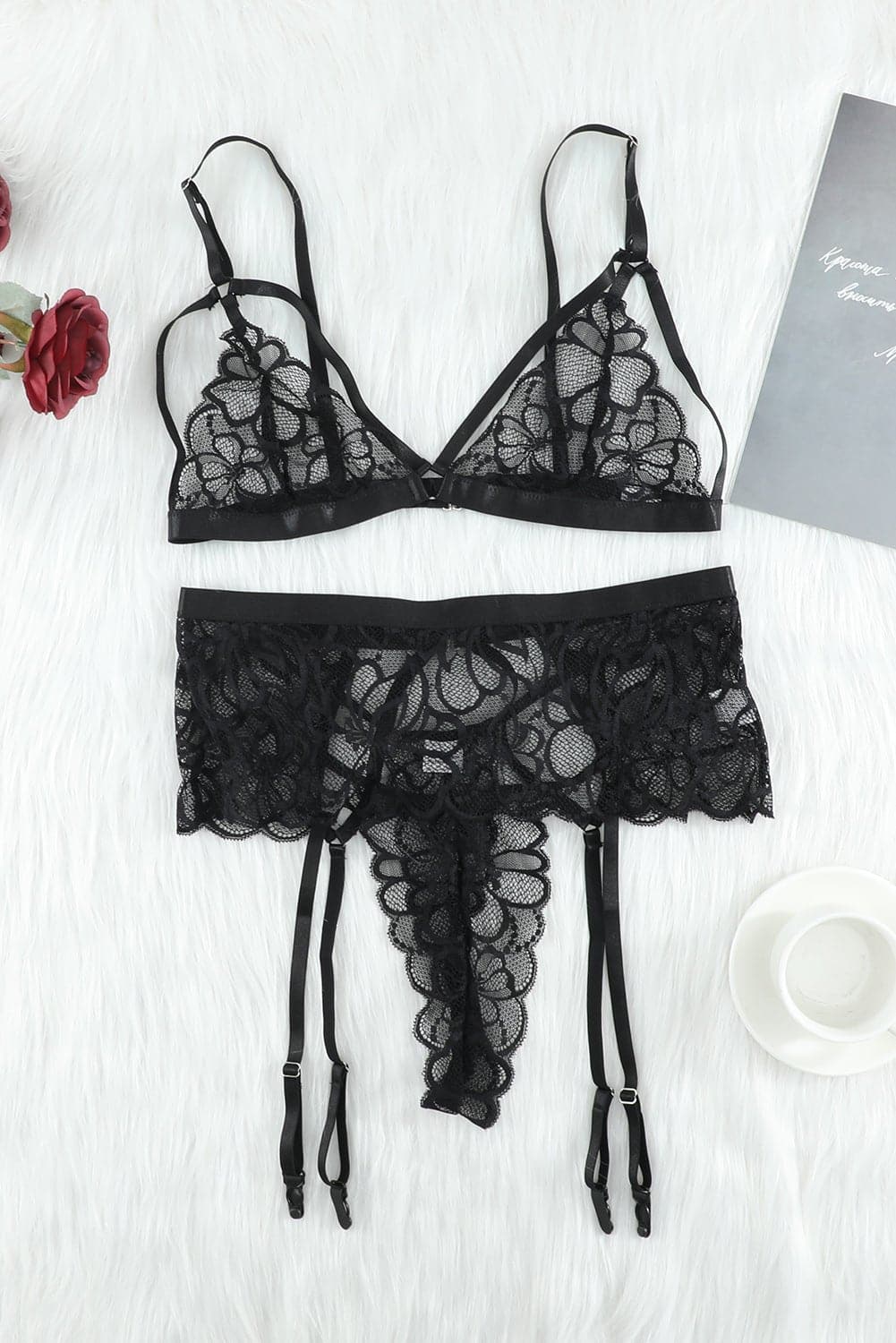 Strappy Three-Piece Lace Lingerie Set - Love culture store