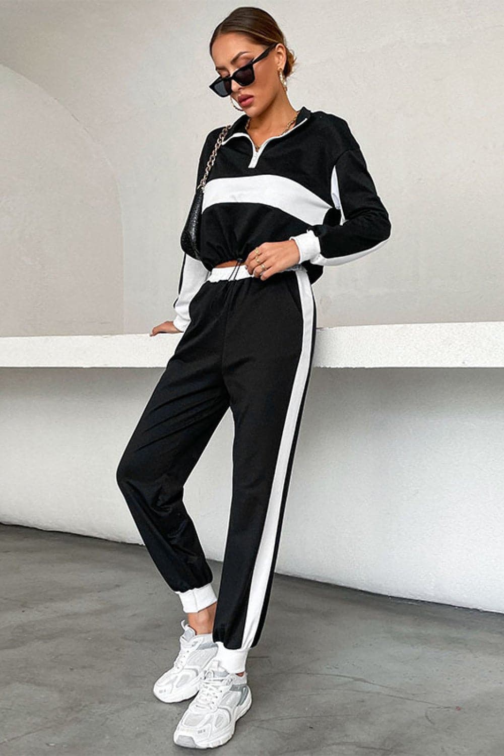 Striped Half Zip Cropped Sweatshirt and Joggers Set - Love culture store