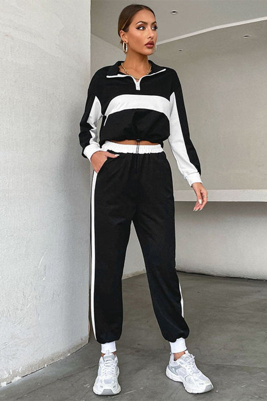 Striped Half Zip Cropped Sweatshirt and Joggers Set - Love culture store