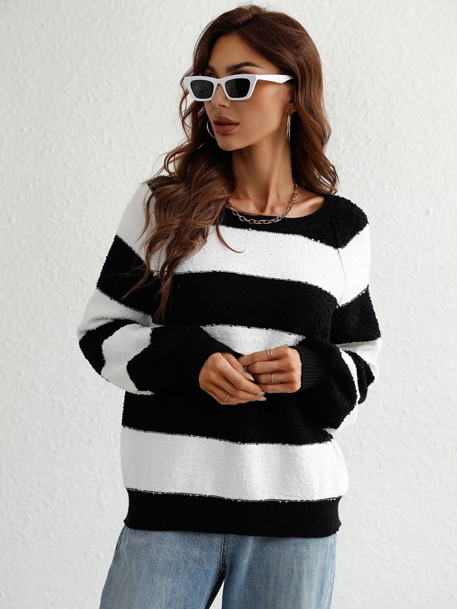 Striped Raglan Sleeve Ribbed Trim Knit Top - Love Culture