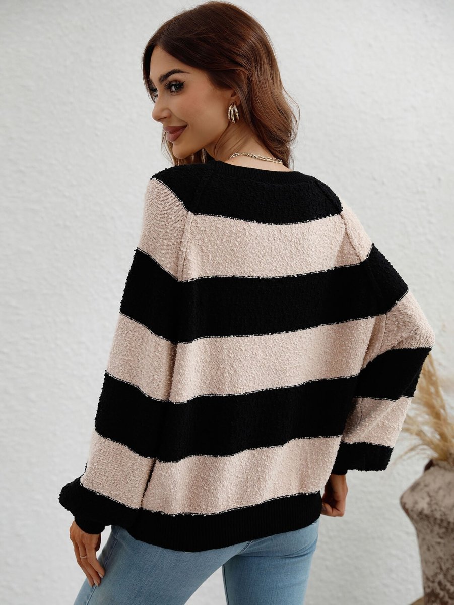 Striped Raglan Sleeve Ribbed Trim Knit Top - Love Culture