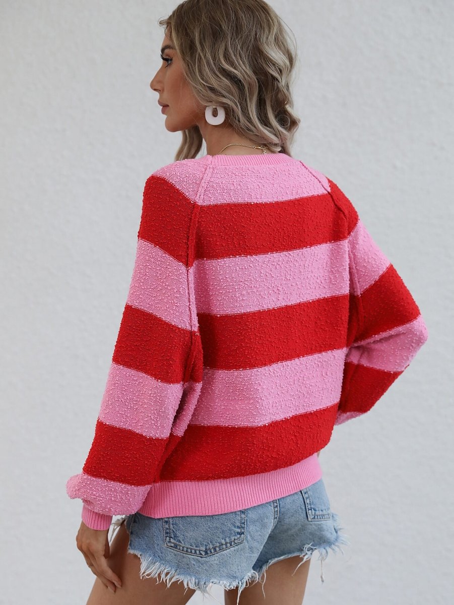 Striped Raglan Sleeve Ribbed Trim Knit Top - Love Culture