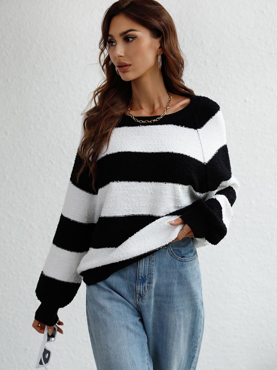 Striped Raglan Sleeve Ribbed Trim Knit Top - Love Culture