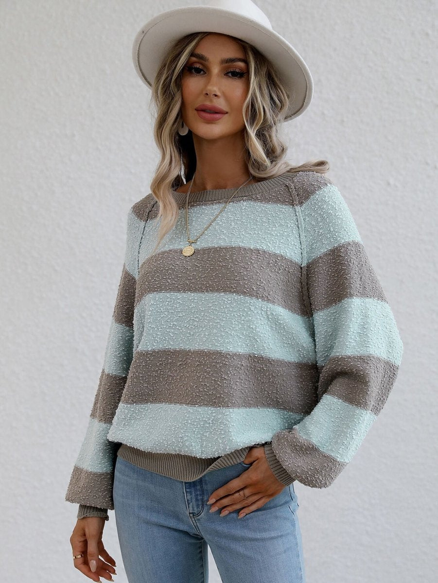 Striped Raglan Sleeve Ribbed Trim Knit Top - Love Culture