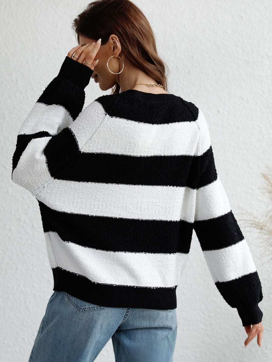 Striped Raglan Sleeve Ribbed Trim Knit Top - Love Culture