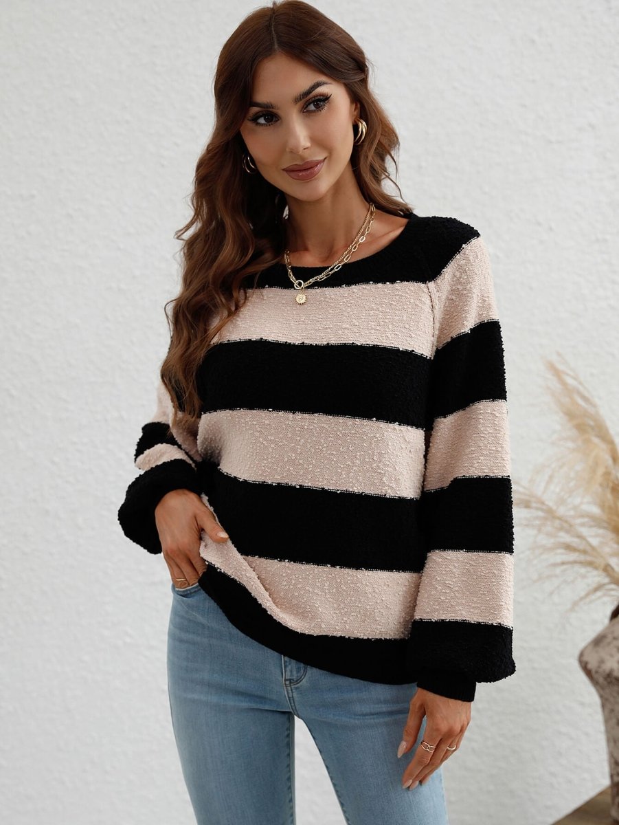 Striped Raglan Sleeve Ribbed Trim Knit Top - Love Culture