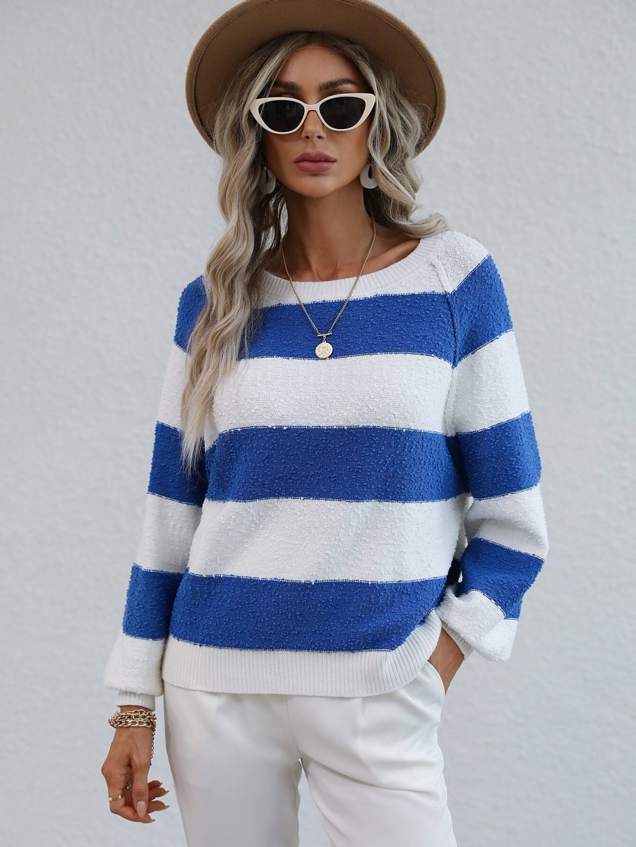 Striped Raglan Sleeve Ribbed Trim Knit Top - Love Culture