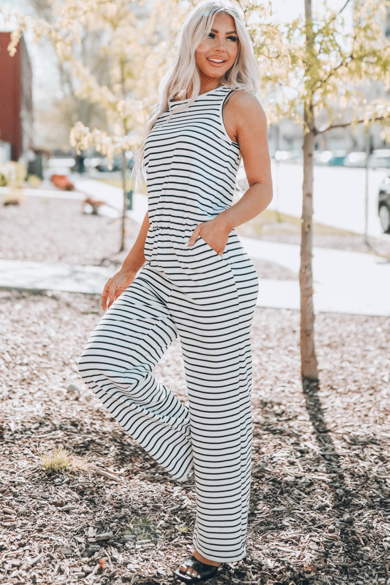 Striped Sleeveless Jumpsuit with Pockets - Love Culture