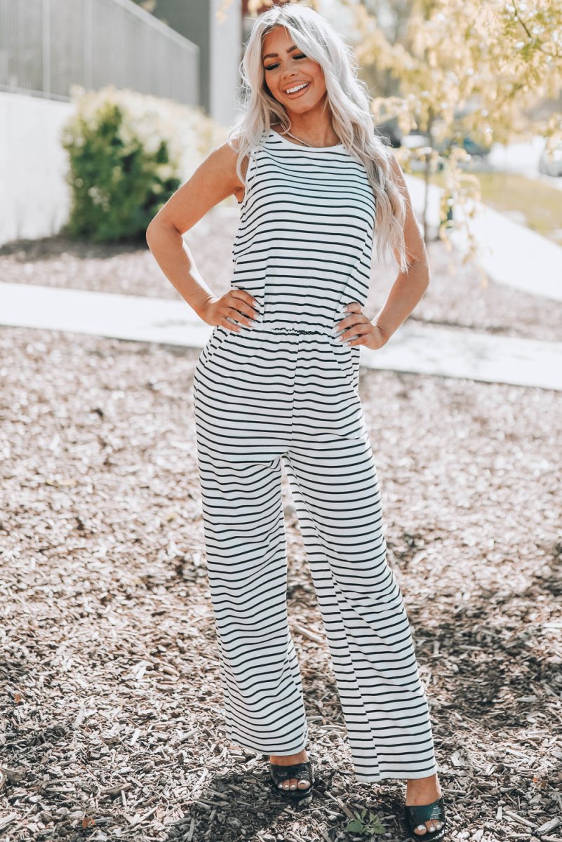 Striped Sleeveless Jumpsuit with Pockets - Love Culture