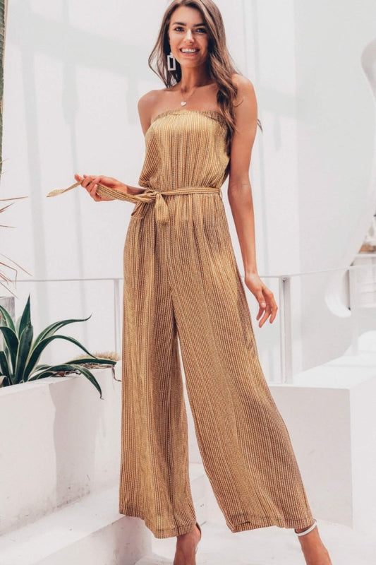 Striped Strapless Belted Wide Leg Jumpsuit - Love Culture