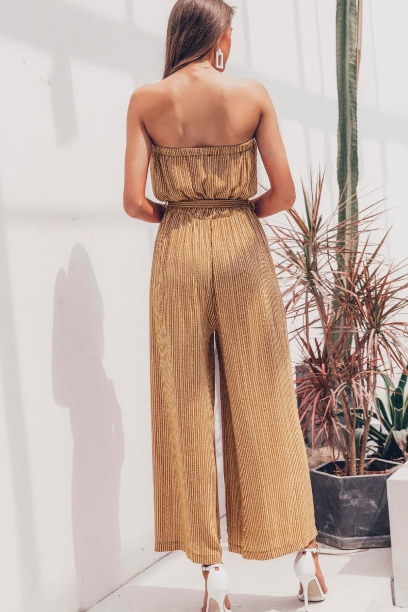 Striped Strapless Belted Wide Leg Jumpsuit - Love Culture